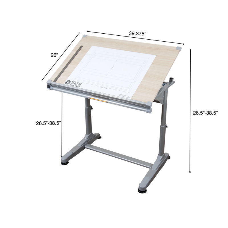 Adjustable Height Silver Frame Drafting Table with Birch Top