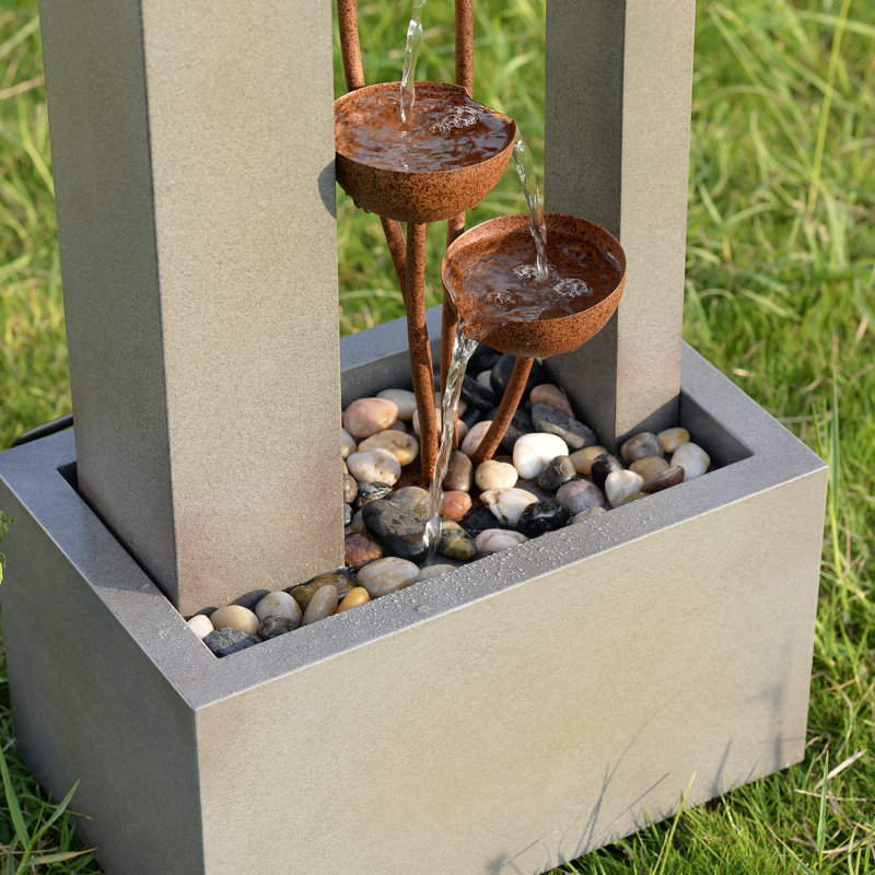 Steel Cups Fountain with Pump and River Stones - Outdoor, Gray
