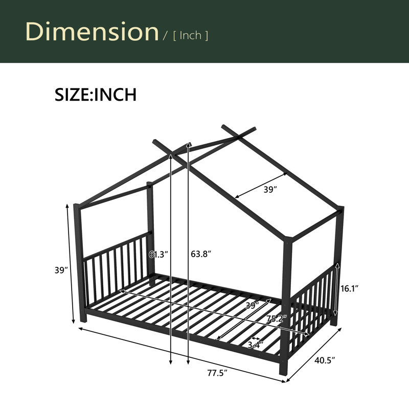 Twin Size Metal House Platform Bed, Black