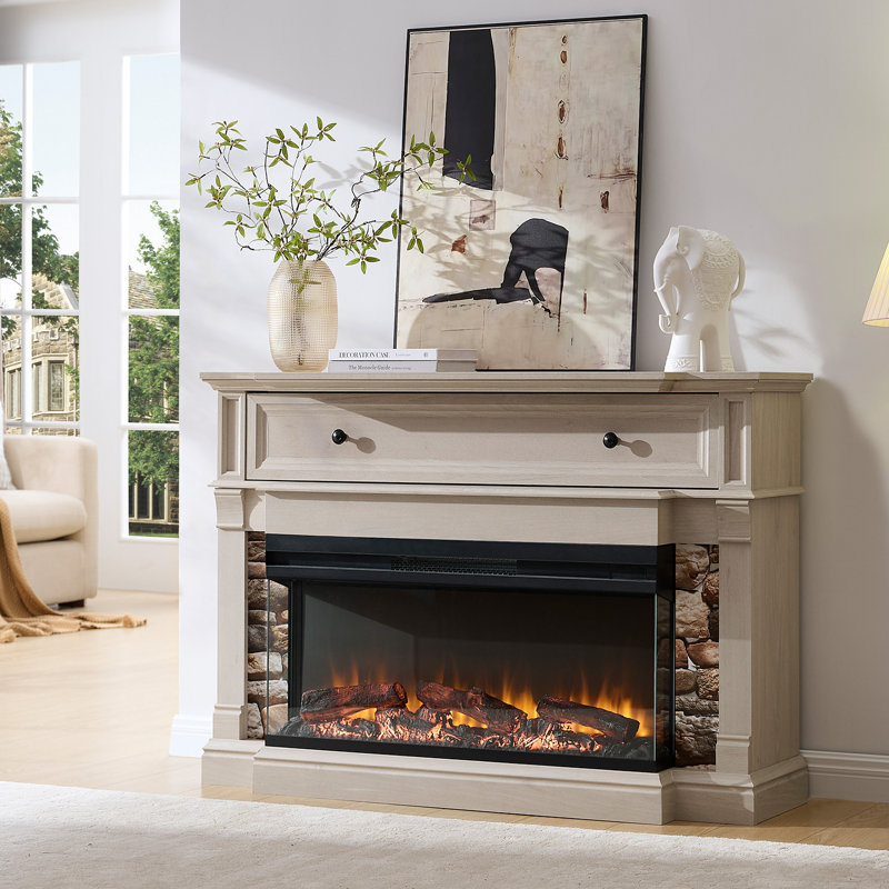 Meuble télé de 52 pouces avec foyer électrique et vitre sur trois côtés, White Alder