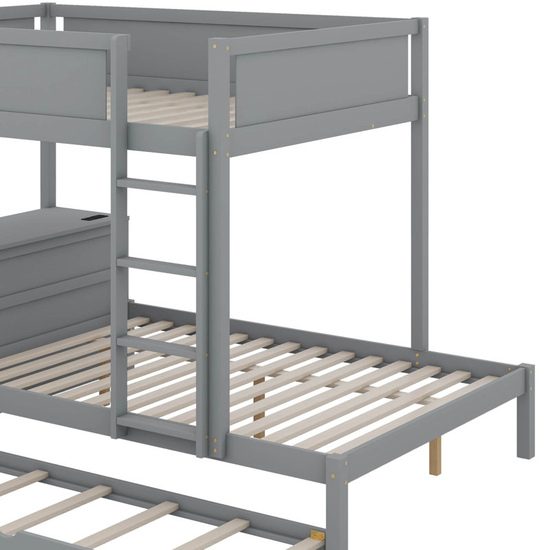 Lit superposé avec lit gigogne, rangement et bureau, Gris, Lit superposé double sur double