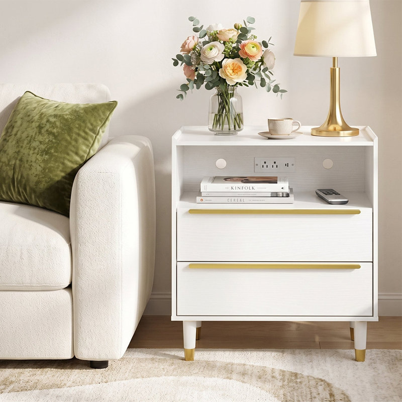 Table de chevet moderne à 2 tiroirs avec station de charge, ports USB et de type C et tablette ouverte, White