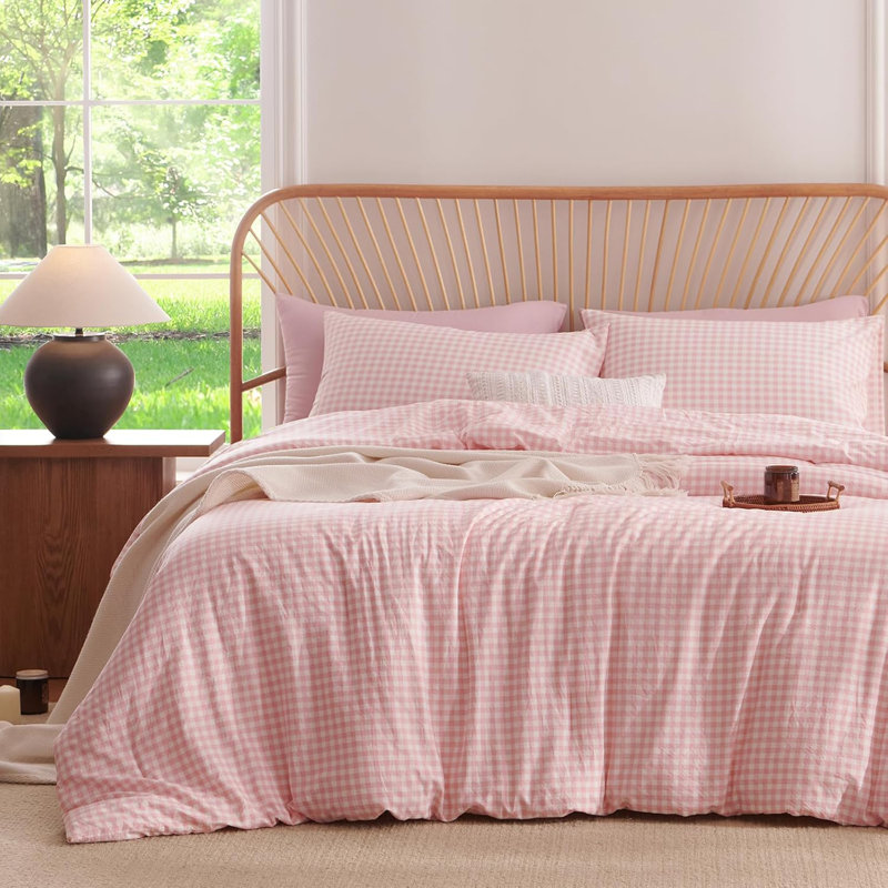 Ensemble d'édredon Gingham Ensemble d'édredon écossais de style moderne 100% microfibre lavée Boho, Rose