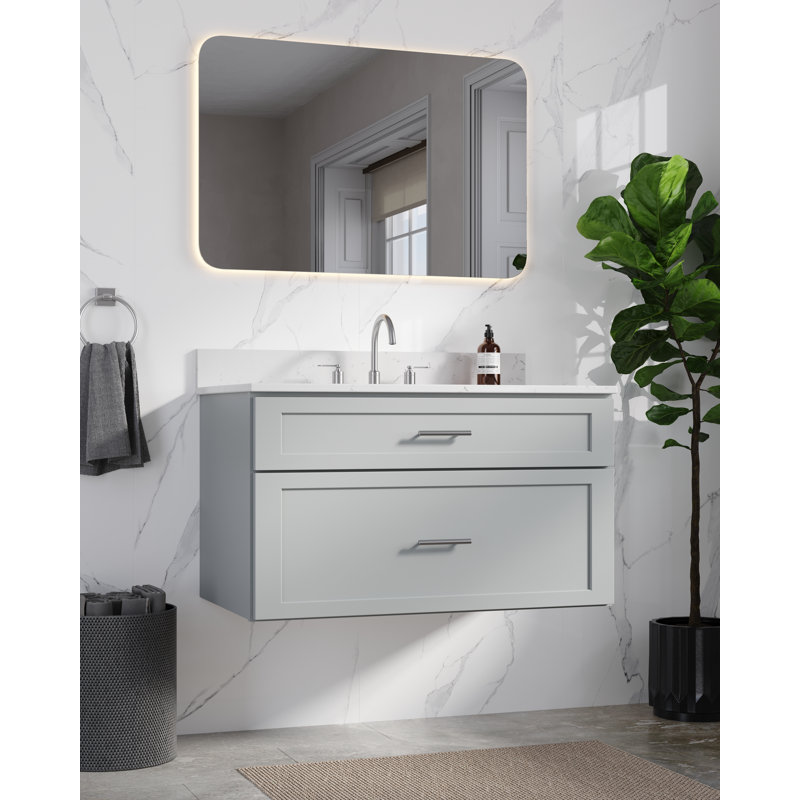 Meuble-lavabo mural flottant simple 36 po avec comptoir en quartz Carrara, Gris