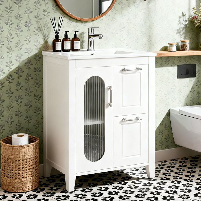 24" Bathroom Vanity with Sink, Bathroom Vanity Cabinet with Two Drawers and Door, White