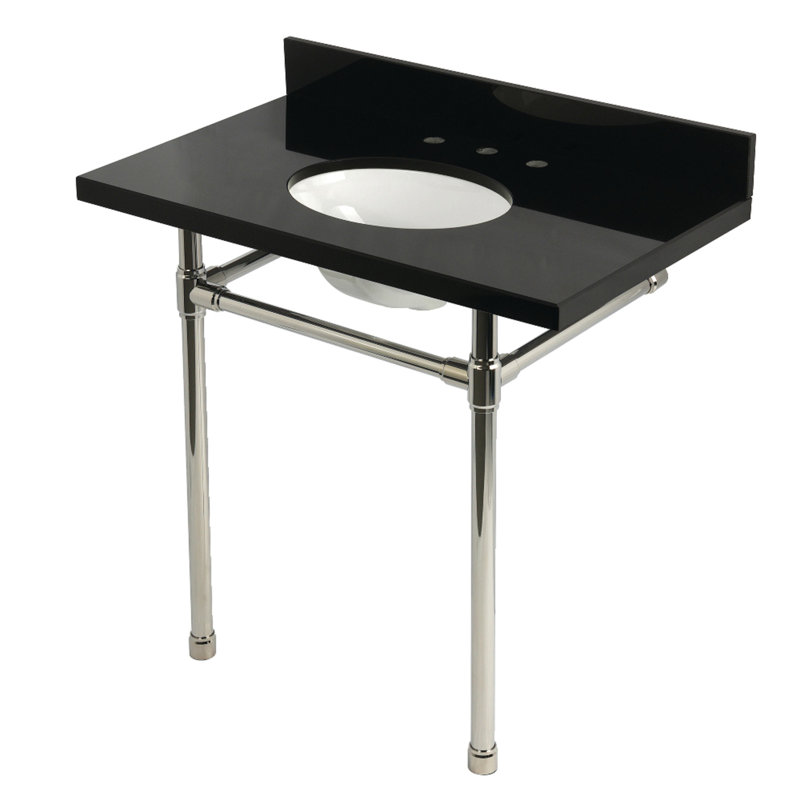 Kingston Brass Dreyfuss 36-Inch Black Granite Console Sink with Stainless Steel Legs (8-Inch, 3-Hole), Polished Nickel