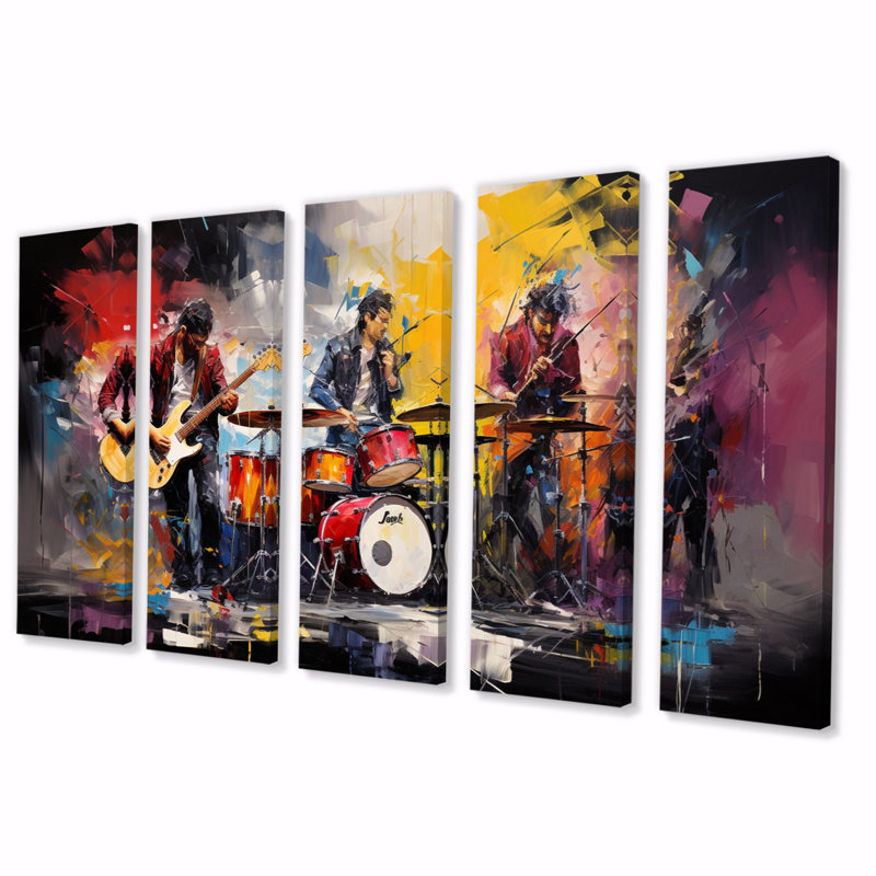 Rock Band In Action III - Reproduction d'art mural de divertissement - 5 panneaux égaux
