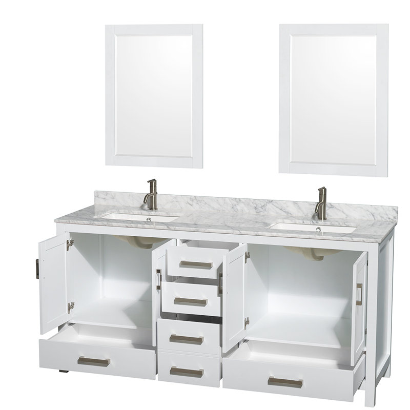 Sheffield 72" Freestanding Double Bathroom Vanity with Marble Top with 24" Mirrors, White