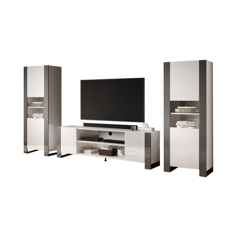 Puello 67.1" Modern Entertainment Centre with High Gloss Finish, White/Grey