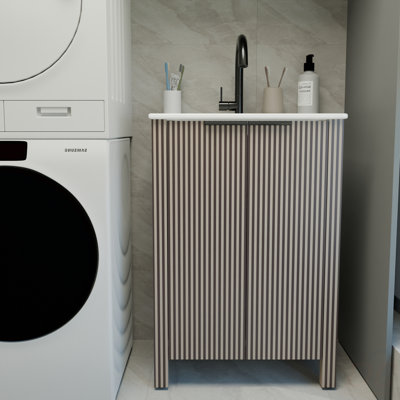 A 24-Inch Brown Floor-Standing Bathroom Cabinet, Paired With A White Ceramic Basin, Is Foldable And Easy To Transport.