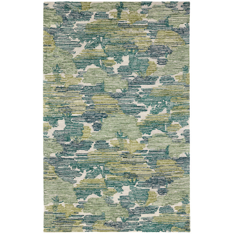 Handmade Green and Blue Wool Rectangular 10' x 14' Rug