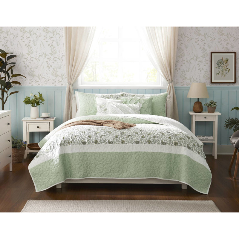 Courtepointe double 6 - Coton sauge, dentelle, coton élégant et complet, imprimé floral, charmant décor de chambre à coucher