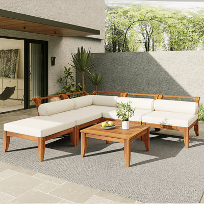 6 Piece Patio L-Shaped Sofa Set, Outdoor Modular Sectional Set, Convertible Daybed With Tea Table, Ottoman, 5 Cushions And Pillows