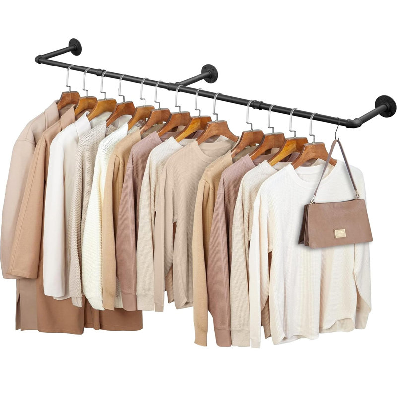 Portemanteau industriel 69 po, support mural pour suspendre les vêtements, tringle à vêtements en fer robuste et peu encombrante pour rangement pour garde-robe à 3 bases, noir