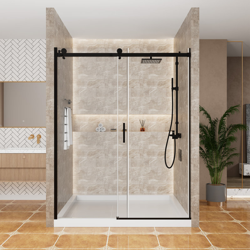 60'' Matte Black Frameless Sliding Shower Door with Clear Glass
