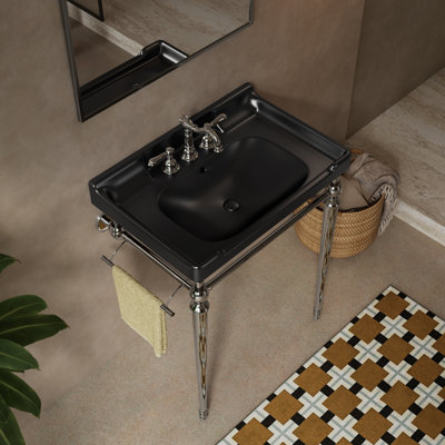 28-Inch Retro luxury bathroom vanity, ceramic basin + metal stand, three-hole faucet design, with towel holder, suitable for small-sized apartments with limited space for bathroom cabinets