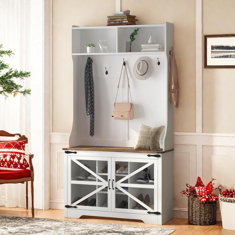 Hall Tree with Bench and Shoe Storage, 4-in-1 Farmhouse Entryway Coat Rack with 7 Coat Hooks & 7 Shoe Cubbies, Hallway Shoe Bench with Storage, 42" W x 15.7" D x 77" H, White