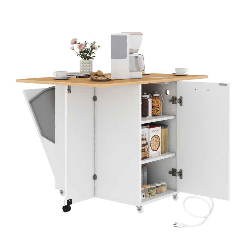 Chariot pliant pour îlot de cuisine avec support pour poubelle de 10 gallons et prise de courant