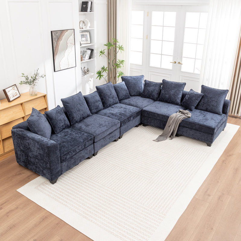 Kempson 6 - Piece Upholstered L-shaped Modular Sectional Sofa, Blue Polyester