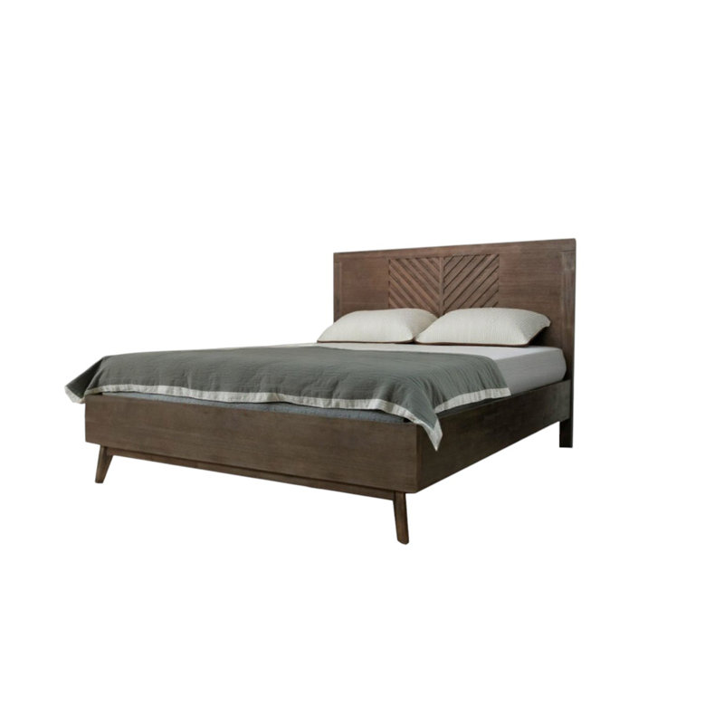 Brown Carved Geometric Solid Wood King Bed Frame