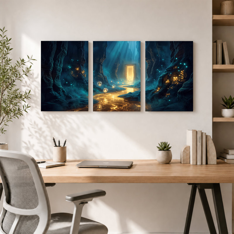 «Fantasy Canyon» avec porte lumineuse et rivière dorée, ensemble de 3 toiles, H 18 po x l 12 po x 3 pièces