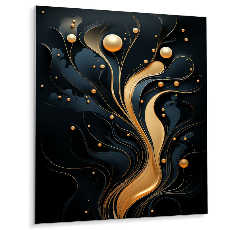 «Black and Gold Golden Minimalistic Line Art I», reproduction d'art murale abstraite en métal, H 32 po x l 16 po x P 1 po