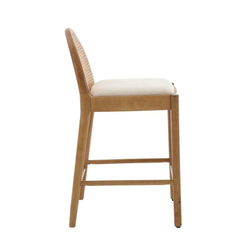 White and Natural Wood Counter Height Bar Stools with Rattan Backrests