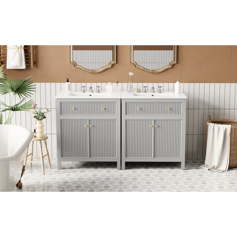 Meuble-lavabo gris 60 po avec lavabo en céramique, bois massif et construction, compartiments de rangement polyvalents 60 po