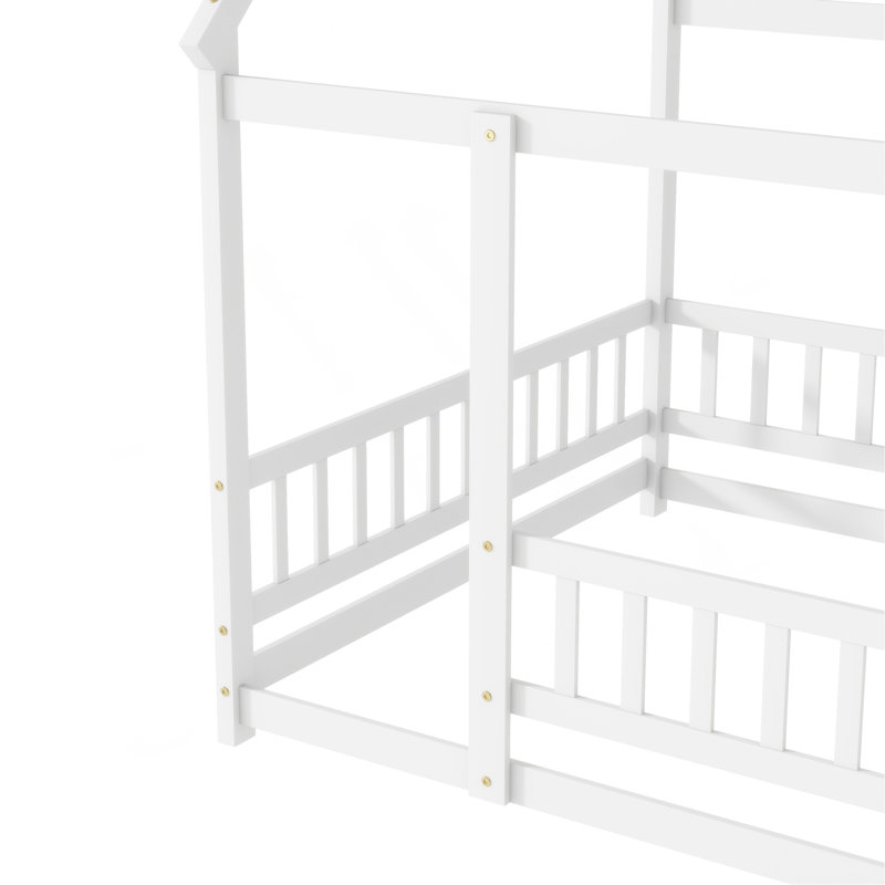 Lit double en bois pleine grandeur avec structure de toit, garde-corps de sécurité, Lit double, Blanc