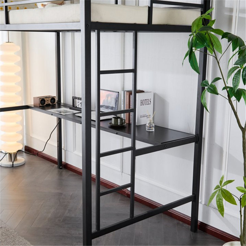 Structure de lit mezzanine simple en métal avec bureau et lumières DEL, station de charge (avec bureau), Noir