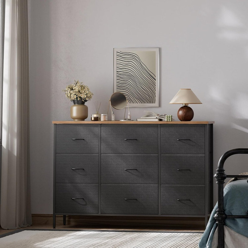 Large meuble télé pour chambre à coucher, commode avec 9 tiroirs profonds, armoire de rangement en tissu, commode moderne pour garde-robe, chambre de bébé, salon (noir)