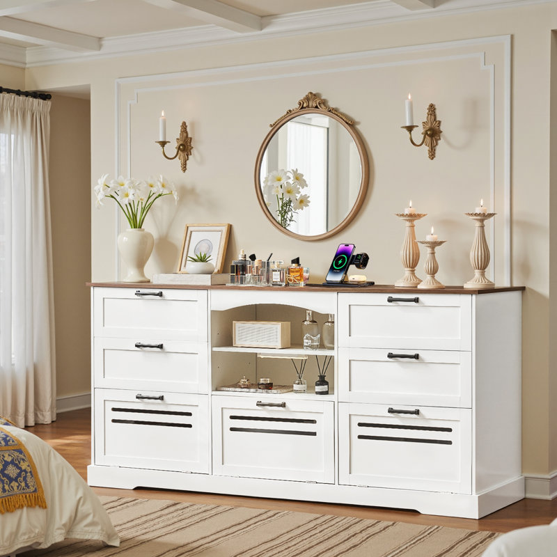 63"W Farmhouse Vintage Large 3+4 Drawer Dresser With LED Light, Retro Chest Of Drawers For Bedroom, Wood Rustic 7 Storage Organizer, TV Stand For TVs Up To 75"