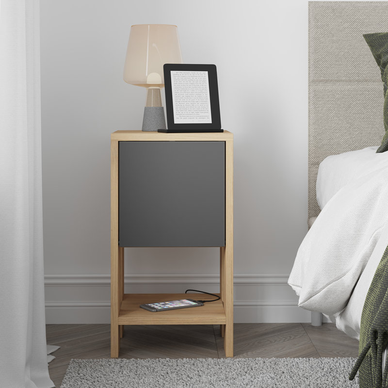 Atharv Bedside Table with Drop-Door Storage and Open Shelf for Versatile Living, Oak/Anthracite