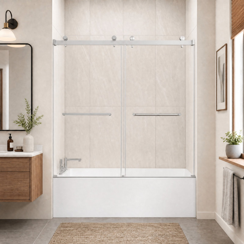 Porte de douche coulissante sans cadre pour baignoire, finition nickel brossé, 140-152 cm L x 152 cm H, avec pellicule nano anti-explosion et verre trempé.