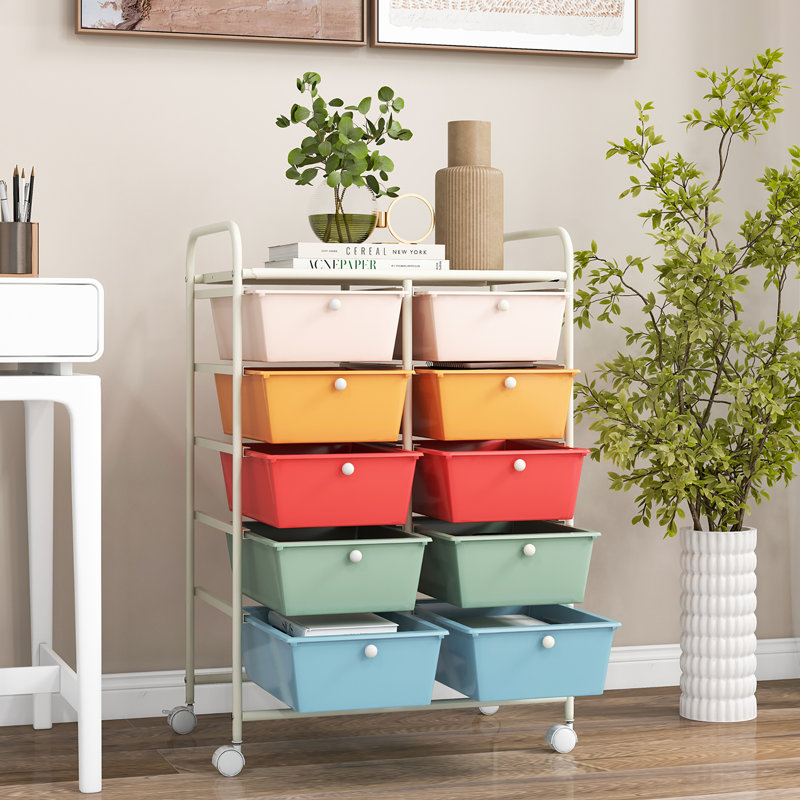 Milin 10 Drawer Storage Drawer with Locking Wheels, Blue/Green/Red