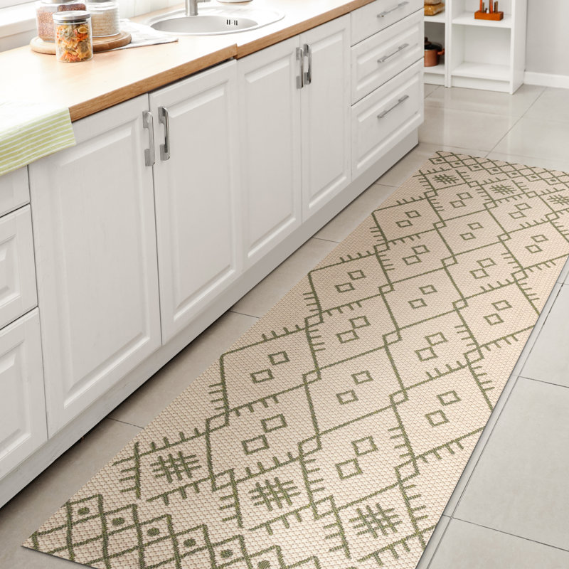 Tapis intérieur / extérieur beige / vert Boho, Tapis de couloir 2 pi 2 po x 10 pi