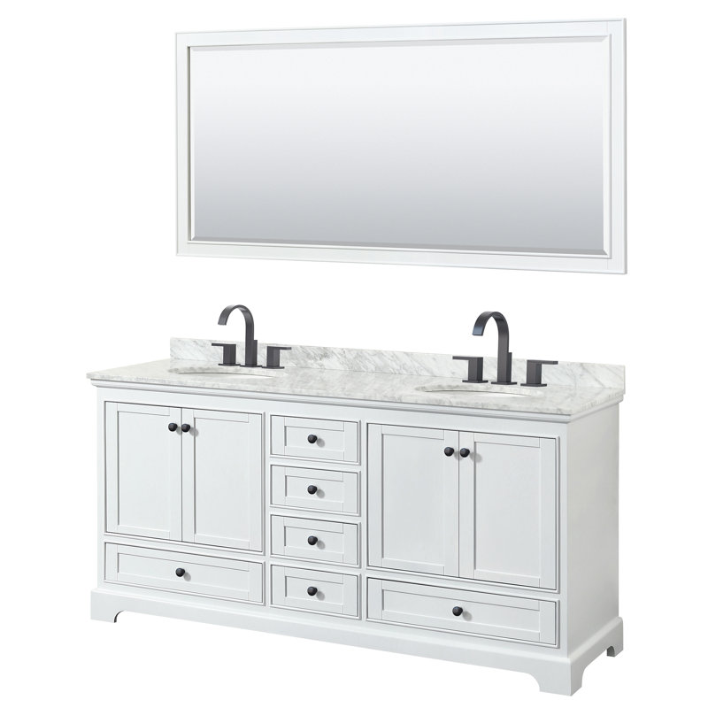 Deborah 72 " W Freestanding Standard Double Vanity Bathroom Vanity With Marble Top with Mirror, White, Matte Black