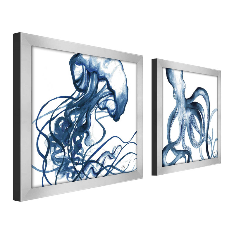 Méduse en bleu, ensemble de 2 pièces encadrées sur papier