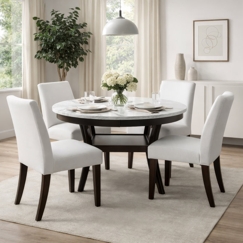 Round Faux Marble Top Solid Wood Base Dining Table