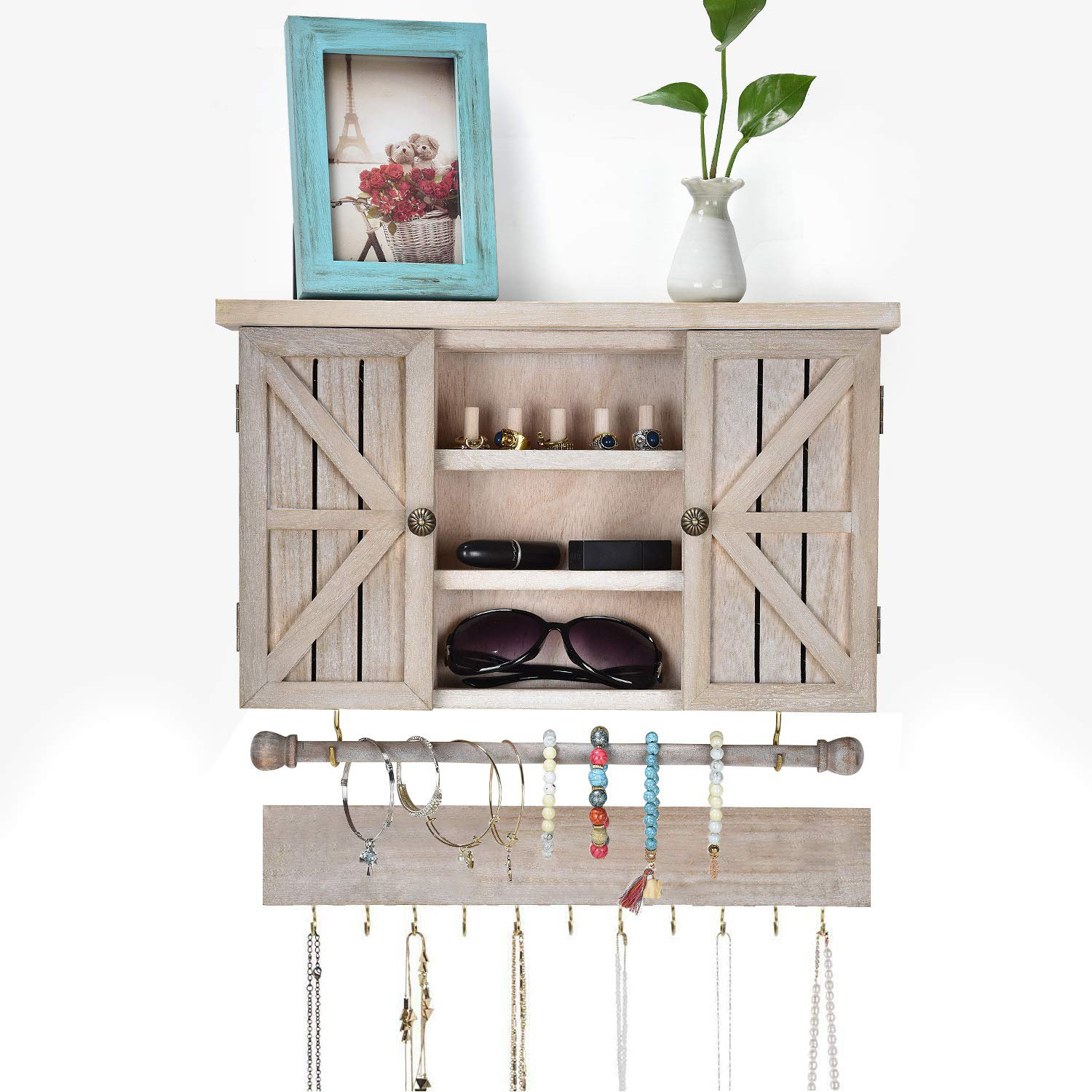 Rustic Wooden Wall Mount Jewelry Organizer with Removable Hanging Rod and  Storage Shelf for Earrings, Bracelets, Necklaces and Accessories, Jewelry