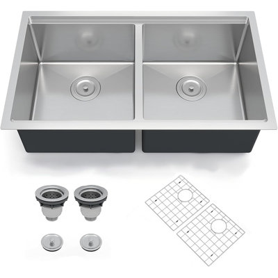 Évier de cuisine à double cuve encastrable ou à montage sur plan 33 po / 36 po, acier inoxydable 304, conception à réduction de bruit robuste