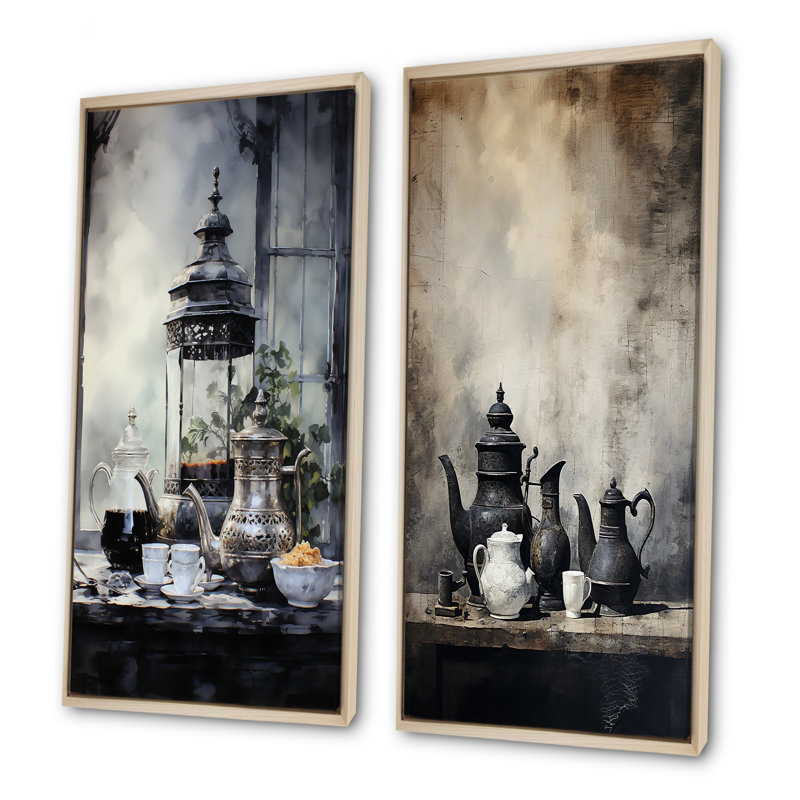 «Coffee Pottery Silhouettes», ensemble d'art mural sur toile café et thé, Encadrement brun, H 40 po x l 41 po