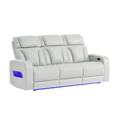 U8611 Blanche Silver With White Welt Power Reclining Sofa With Power Headrest And Led