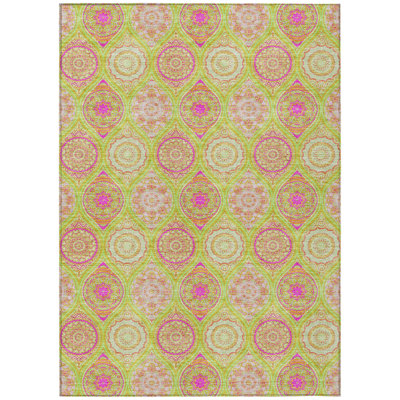 9' X 12' Lime Green Pink And Ivory Floral Medallion Washable Indoor Outdoor Area Rug
