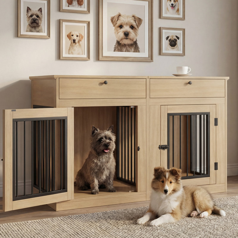 Caisse pour chien double en bois d'ingénierie avec cloison amovible Faaija, Brown