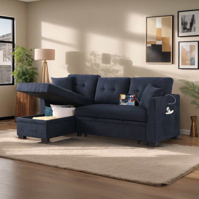 Canapé-lit convertible en L convertible en L de 81 po avec port USB modulaire encastré avec méridienne réversible et chaise de rangement réversible Clembleoe