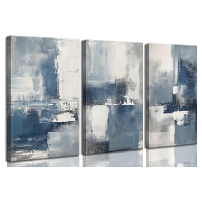 3Pcs Navy Blue Abstract Canvas Wall Art Modern Minimalist Neutral Blue White Painting Picture Wall Decor Poster Print Artworks For Living Room Bedroom