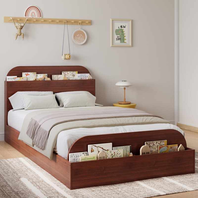 Base de lit en bois avec tête de lit avec rangement - Lit plateforme pour petit avec pied surélevé, lattes en bois robustes (aucun sommier requis), assemblage facile