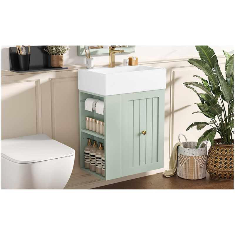 Meuble-lavabo de 20 pouces avec lavabo en céramique, armoire de rangement en panneau de fibres à densité moyenne avec tiroir, tablette latérale et poignée dorée - meuble-lavabo moderne pour les petites salles de bain