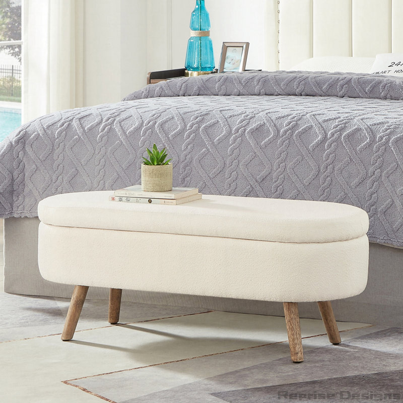Luxury Oval Boucle Storage Ottoman Bench with Solid Wood Legs and Safety Hinge, Ivory
